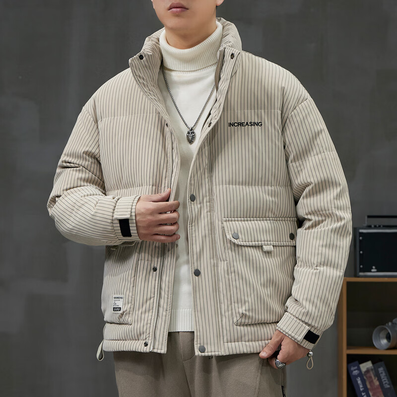 潮天士国潮轻薄工装羽绒服男宽松条纹立领外套上衣男士秋冬保暖多袋
