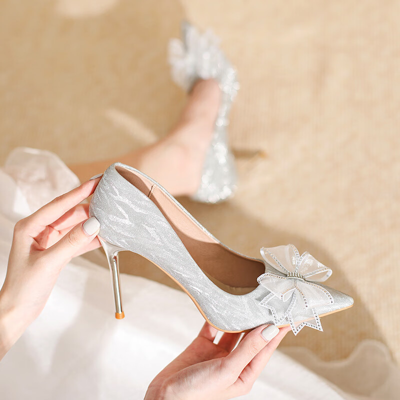 ikvvt年会配礼服高跟鞋女主持法式水晶鞋婚鞋水钻蝴蝶结尖头细跟单鞋