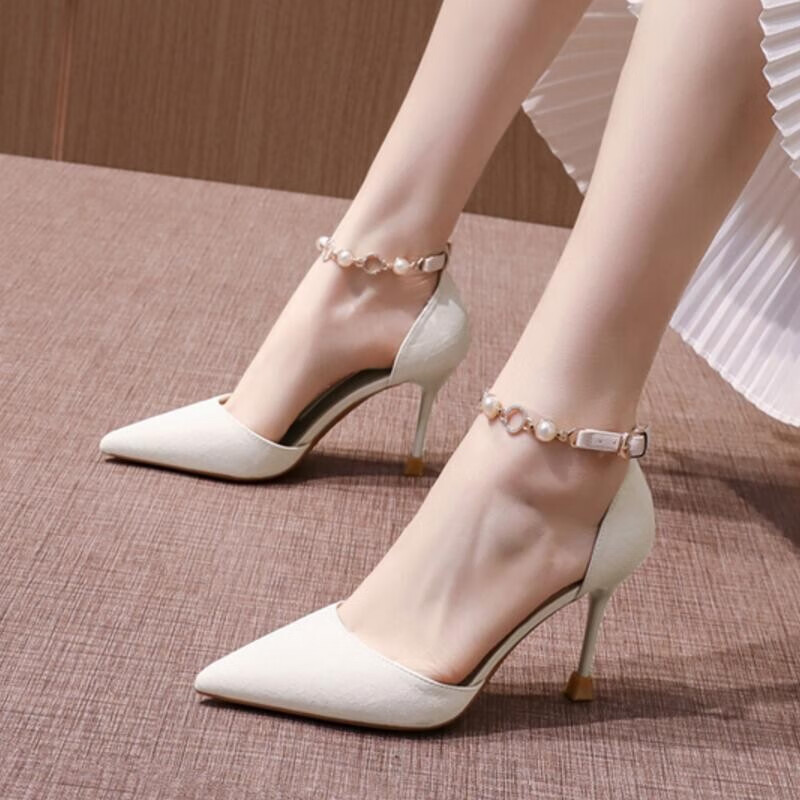 白色高跟鞋一字扣细跟2022法式少女新款尖头百搭浅口气质足姿媚单鞋