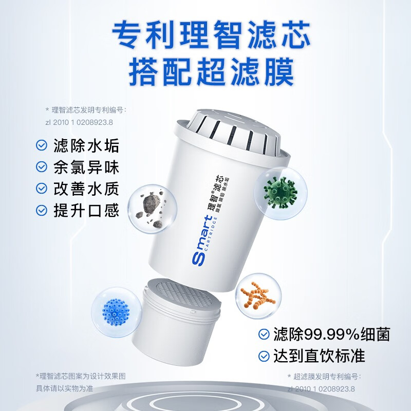 聚蓝(bluetech) HS-530三代双芯过滤直饮净水壶去水垢除菌除氯家用自来水过滤水壶滤水器 全年装【1壶8芯】蓝色