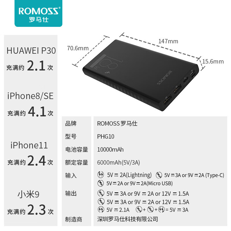 罗马仕PHG10 10000毫安时充电宝PD双向快充移动电源超薄小巧锂聚合物电芯适用于苹果小米华为OPPOvivo手机