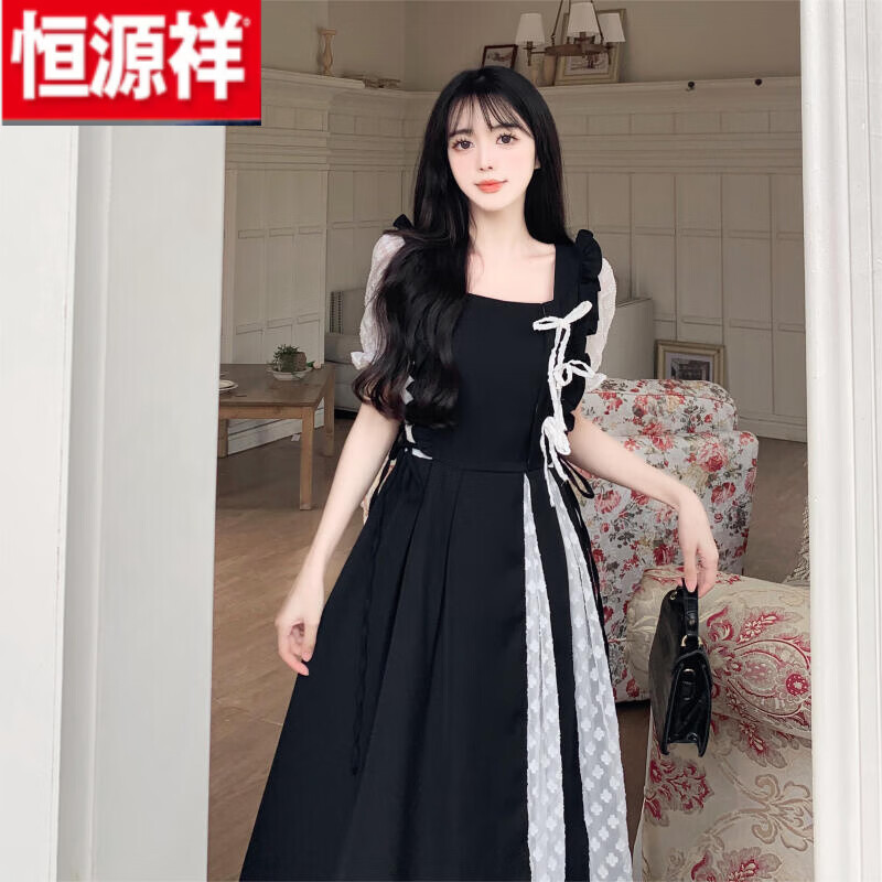 品牌女装韩版高级感赫本风方领短袖收腰显瘦气质长 辣妹淑女图片色