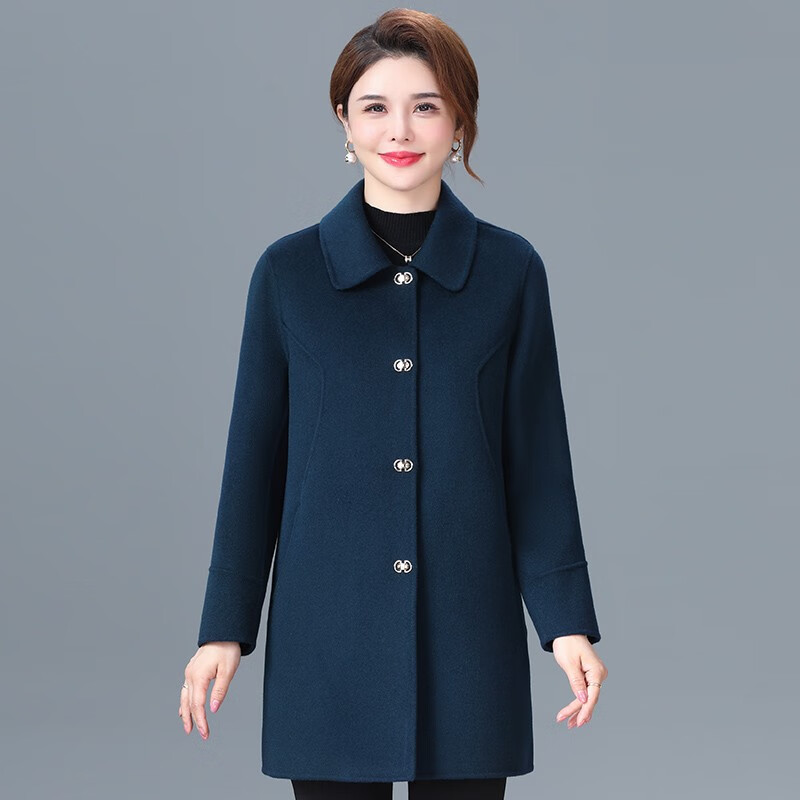 Missdaling2024秋冬新款中老年貴夫人羊毛大衣女中長款時尚媽媽裝雙面絨外套 青金石蘭 XL