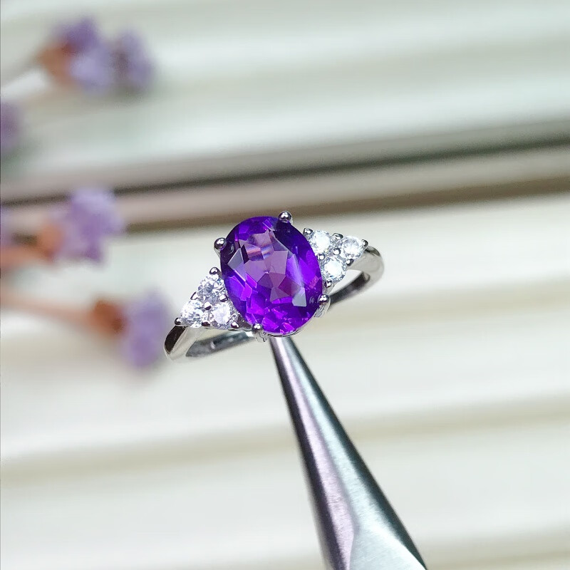 艾墨菲蛋面巴西紫水晶戒指女925银镶嵌时尚气质素面水晶指环韩版 白银色紫水晶戒指