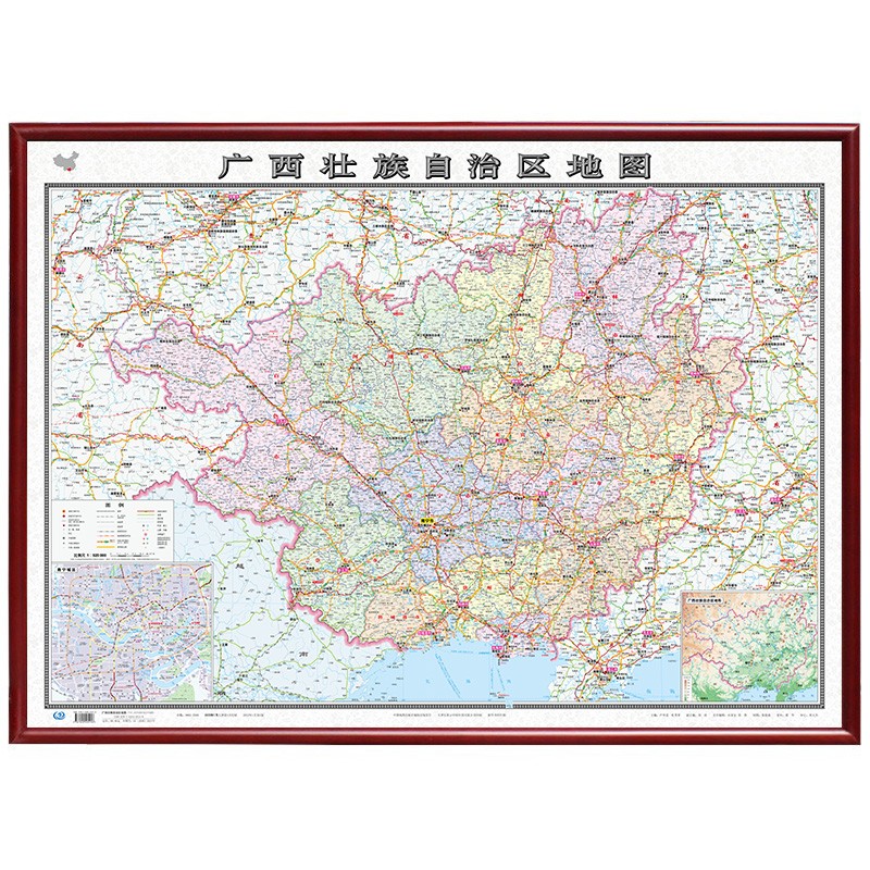 定制边框 2024年 广西地图 地理地形图挂图 木框装裱 约1.1米*0.