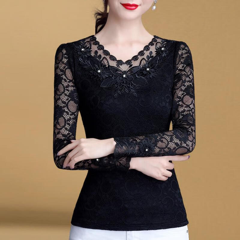 lanweifeilei秋款时尚小衫女蕾丝打底衫秋冬新款女士长袖上衣时尚领
