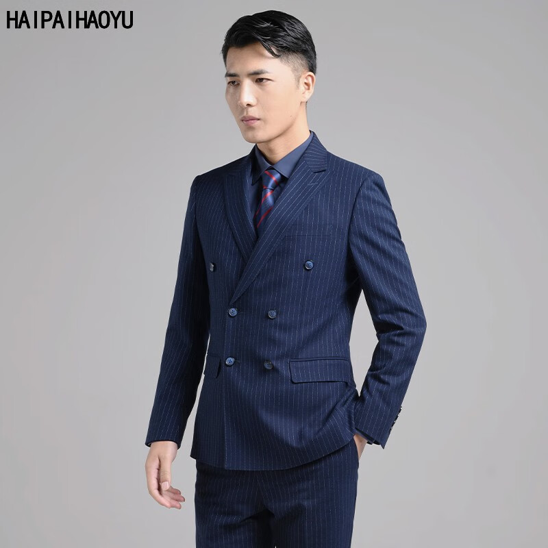 套装男士修身条纹商务正装西装时尚戗驳领双排扣套西 7674174深蓝色