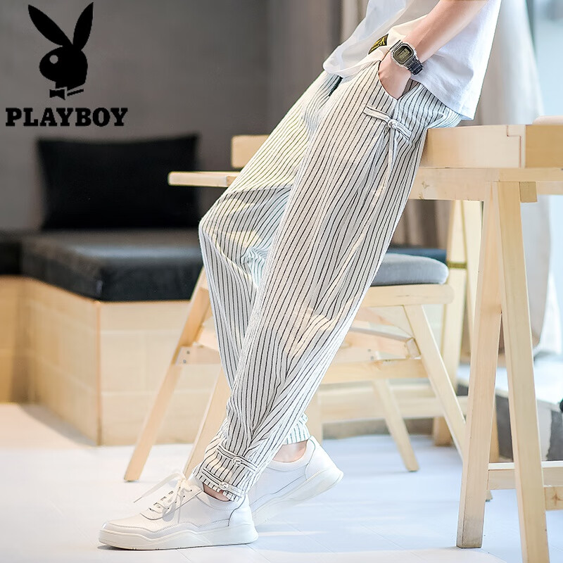 花花公子（PLAYBOY）亞麻褲子男九分褲夏季寬松休閑長褲棉麻條紋男褲中國風(fēng)大碼9分褲 白色 L 110-130斤
