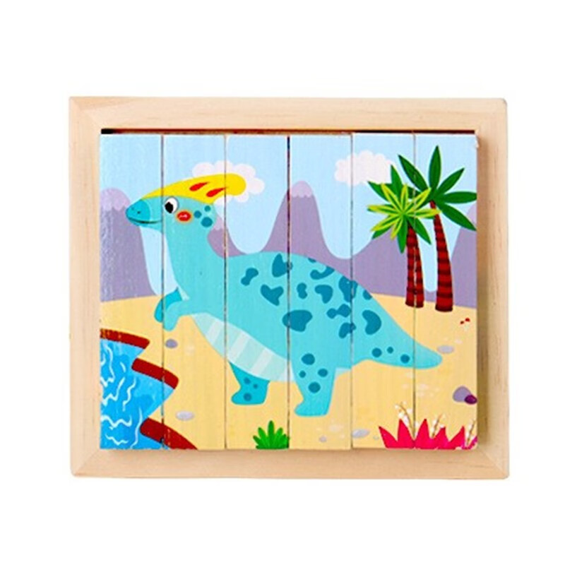 立体拼图6粒条形木质四面画宝宝儿童3d积木动手动脑智力入门级别 恐龙
