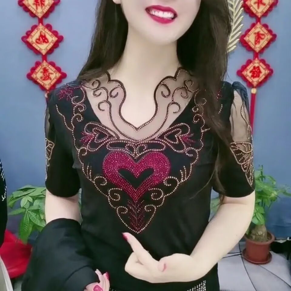 新款时尚冰丝弹力棉宽松气质高端显瘦亮钻短袖欧货潮 蝴蝶肩(红色钻)