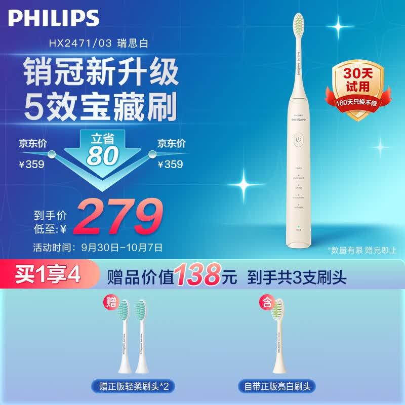 飞利浦（PHILIPS）电动牙刷成人情侣款 礼物 送礼 5种模式 全新软毛柔和亮白刷头 5效宝藏刷 瑞斯白 HX2471/03使用感如何?