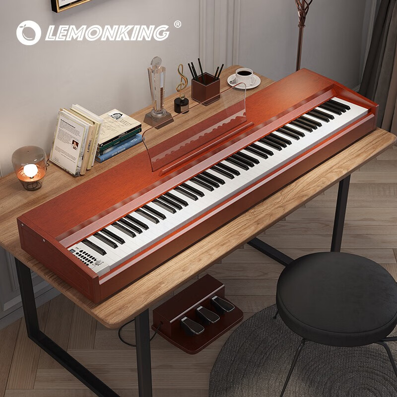 lemonking电钢琴88键重锤家用专业考级实木便携式数码电子钢琴 初学级-力度键-木纹黑+三踏+【X架】