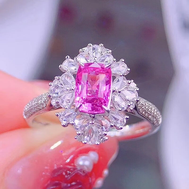 俊辰(junchen)珠宝天然无烧粉蓝宝石戒指女款18k金镶嵌钻石彩色宝石