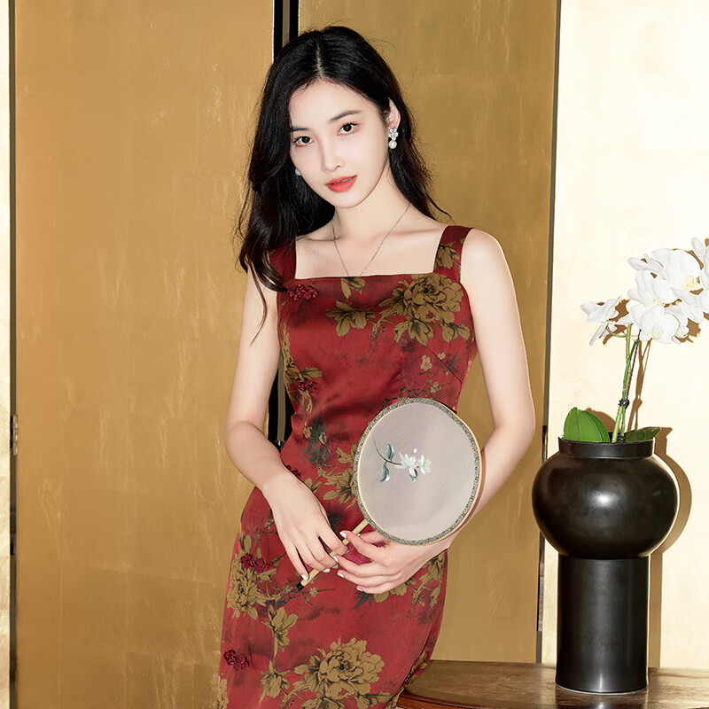 逸紅顔（E.Beauty）妙玄2025夏季新款香云紗連衣裙女山茶花香云紗吊帶裙寬肩帶 棗紅色 L