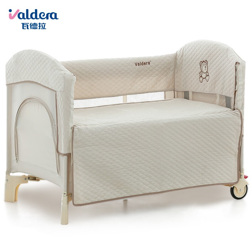 VALDERA 便携婴儿床可折叠多功能宝宝床可变婴儿摇篮床游戏床可拼接大床 米黄床（尿布台+摇杆+蚊帐）