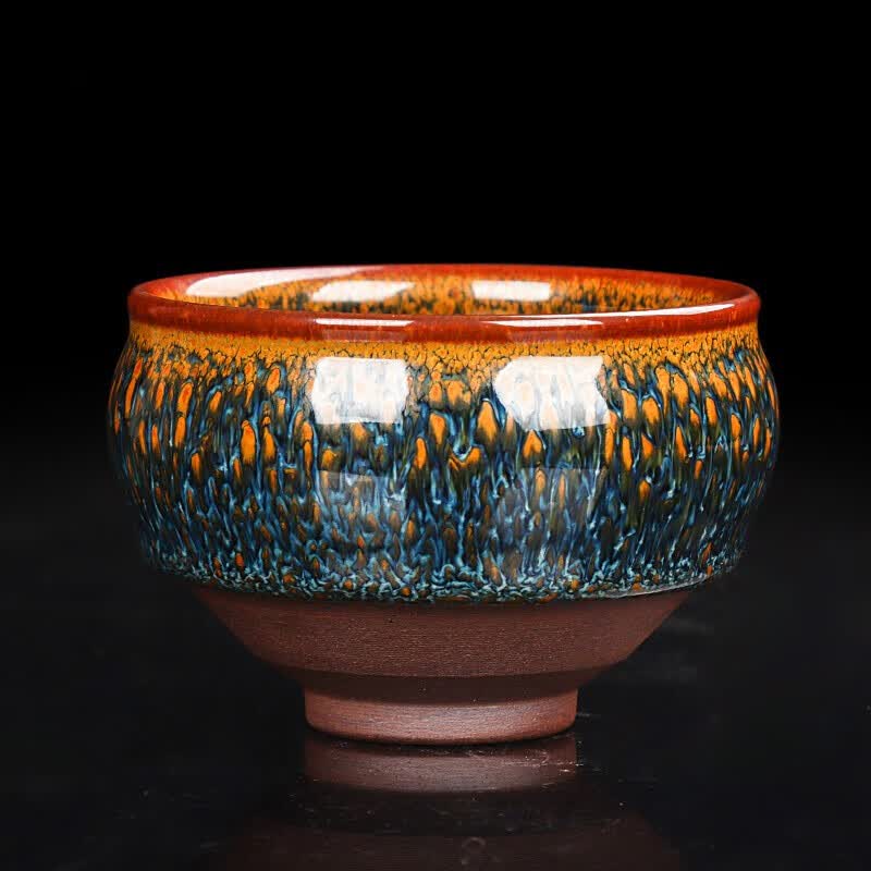 闽北建盏建阳名师曹伟俊金丝蓝孔雀纯个性手工铁胎陶瓷家用将军主人杯