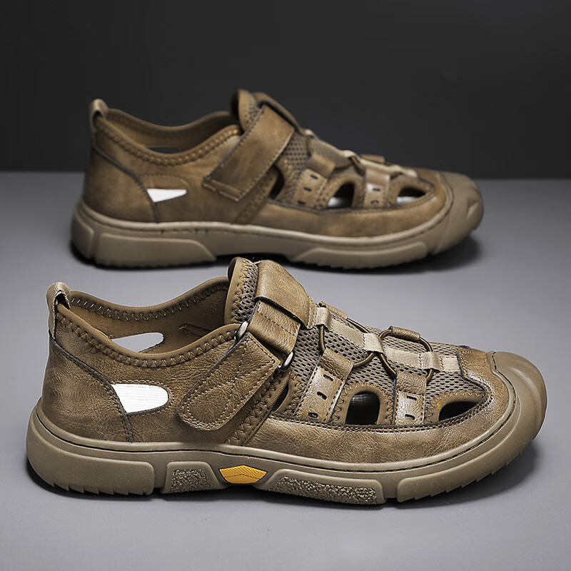 蜘蛛王凉鞋男款夏季外穿防滑防臭运动沙滩户外涉水包头凉拖爸 卡其 39