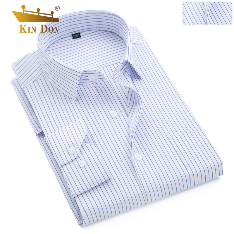 金盾（KINDON）长袖衬衫男 修身衬衣扣领条纹商务男士休闲长袖上衣 J02128 蓝白条纹 M