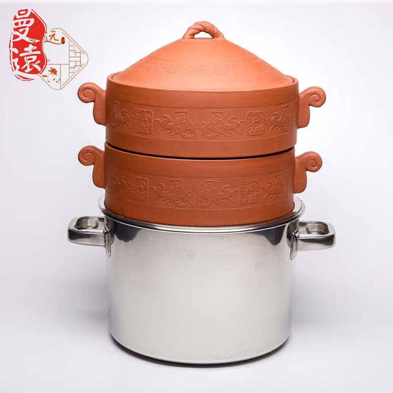 曼遠(yuǎn)宜興紫砂電汽鍋雞汽鍋蒸鍋非明火原礦紫砂隔水燉鍋家用煲湯鍋商用 朱泥宮廷風(fēng)2鍋+不銹鋼底鍋 8.4L