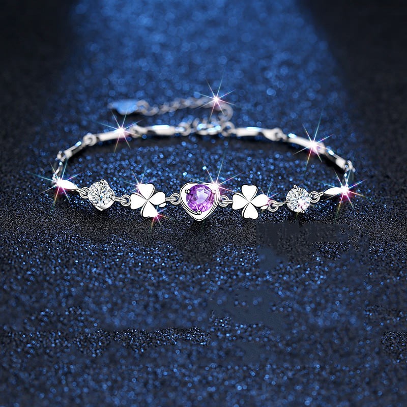 洛希曼四叶草手链女镶钻S999足银新年情人节生日礼物送女友老婆【刻字】 豪华礼盒+四叶草手链托帕石