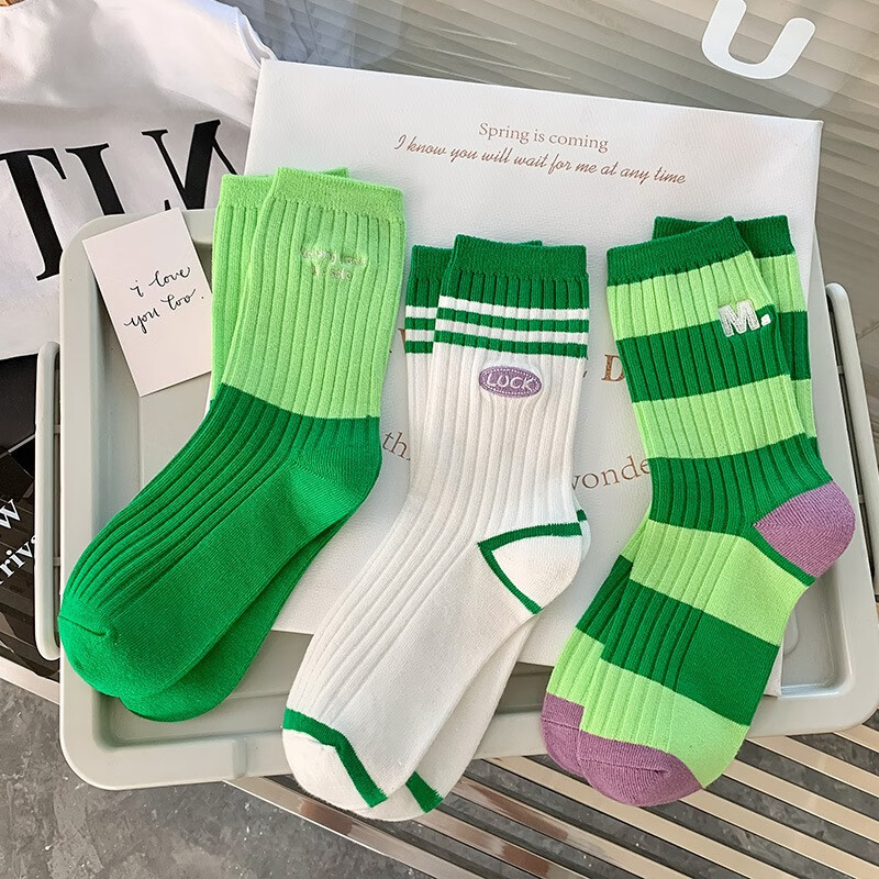 刺绣潮个性运动风多巴胺穿搭少女中筒袜子三双装 多巴胺袜子(绿色系)