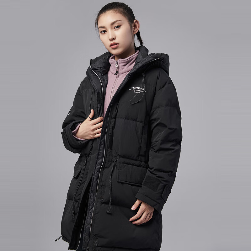 探路者羽绒服女秋冬户外防风保暖中长款连帽羽绒外套 明灰 s