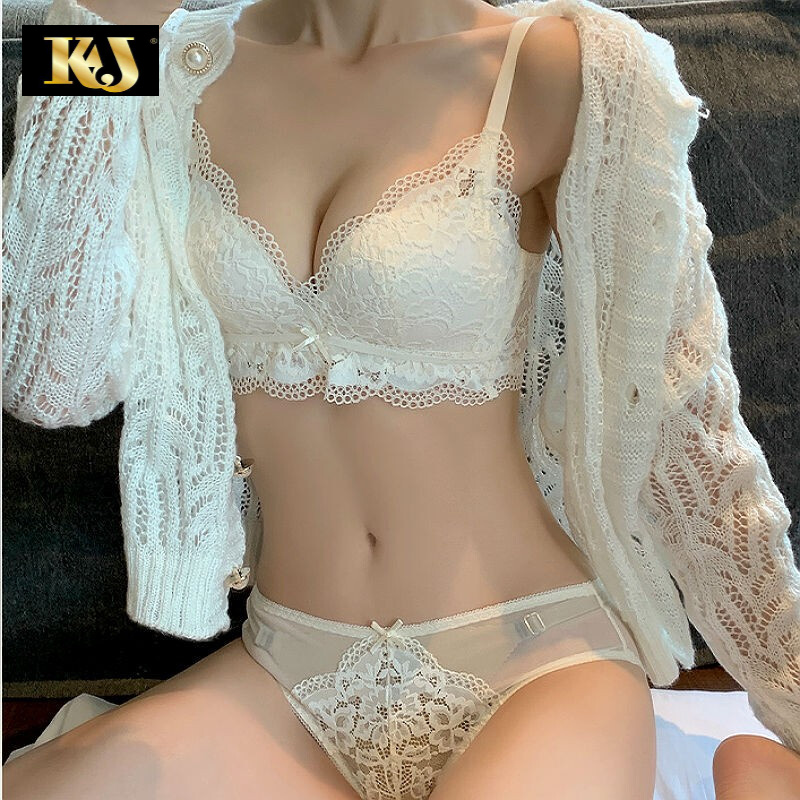 KJ内衣女无钢圈聚拢文胸性感蕾丝上托调整型文胸套装薄杯内衣套装 075神秘黑 85C =38C