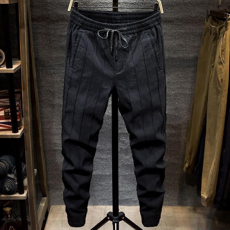 乔骏晟条纹黑色弹力束脚男士休闲裤松紧修身小脚哈伦春夏季裤子男韩版