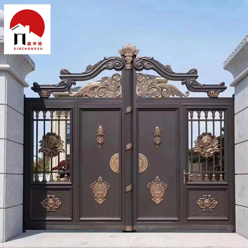 别墅庭院大门双开门铸铝电动对开门农村自建房铝艺院子门 豪华门头款