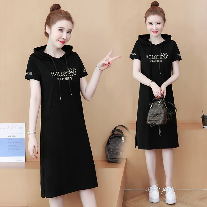 薇洛萱(weiluoxuan)2024夏季新款连衣裙女装宽松显瘦过膝刺绣连帽t恤