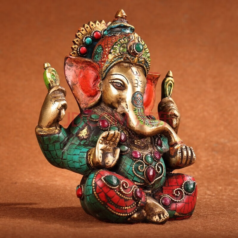 尼泊尔工艺全铜象鼻神铜像镶嵌宝石象头神家居会所装饰摆件象神 小号