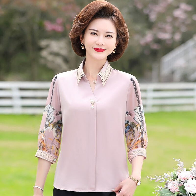 情罗兰夏季新款中年妈妈装衬衫女夏装两件套半袖上衣中老年女装中袖