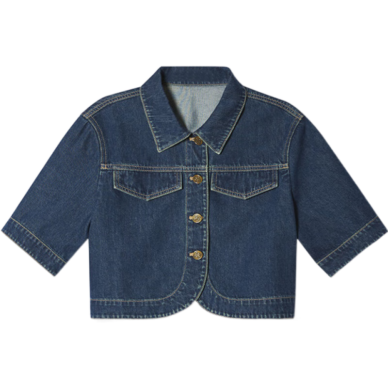 PSALTER诗篇夏季美式复古翻领休闲短短袖牛仔外套 藏蓝 S 36