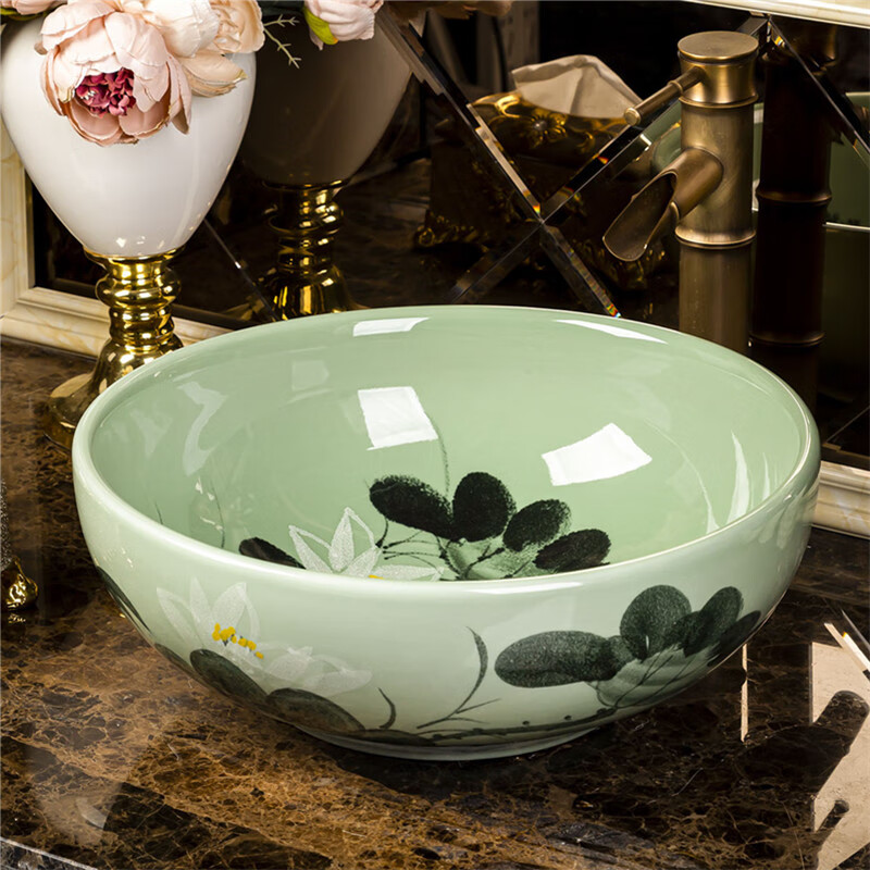 盆单盆复古洗脸盆卫生间仿古洗漱面盆圆形家用 绿荷直径40高度15公分