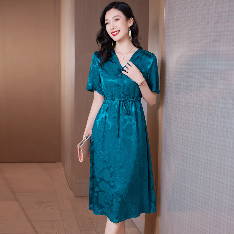 清雅若兰时尚气质优雅桑蚕丝真丝连衣裙夏季收腰修身显瘦提花真丝裙子