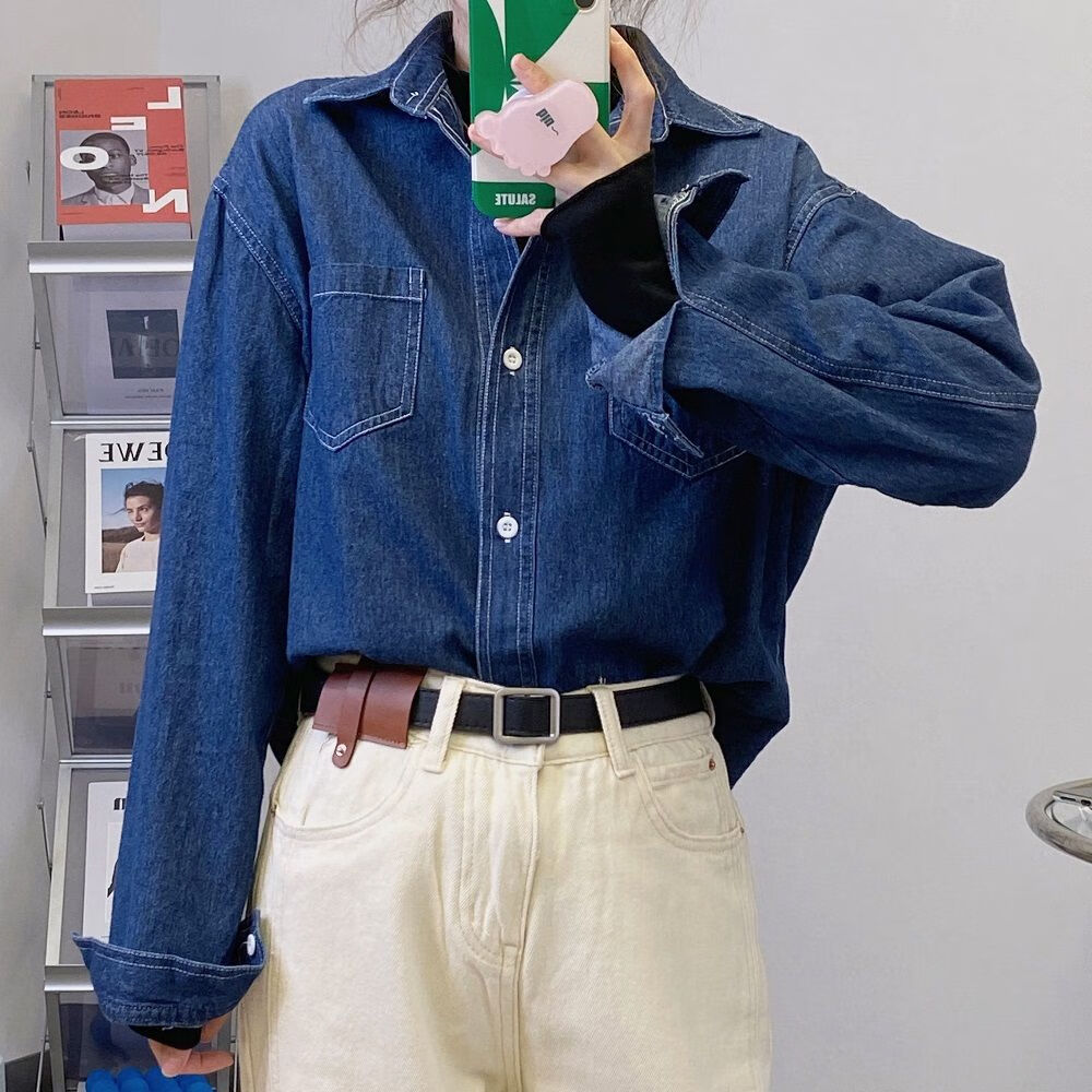 衬衫女复古女夏冬新款宽松文艺长袖上衣显瘦外套 图片色蓝色1029款