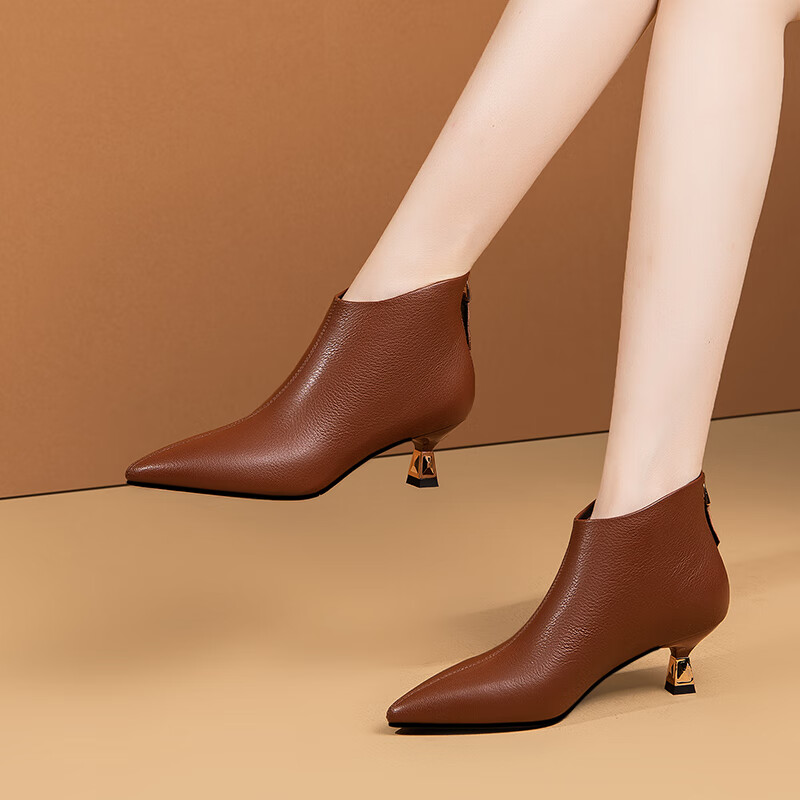 谜尚百丽短靴女中跟细跟尖头后拉链柔软羊皮靴子女春秋单靴2022新款冬