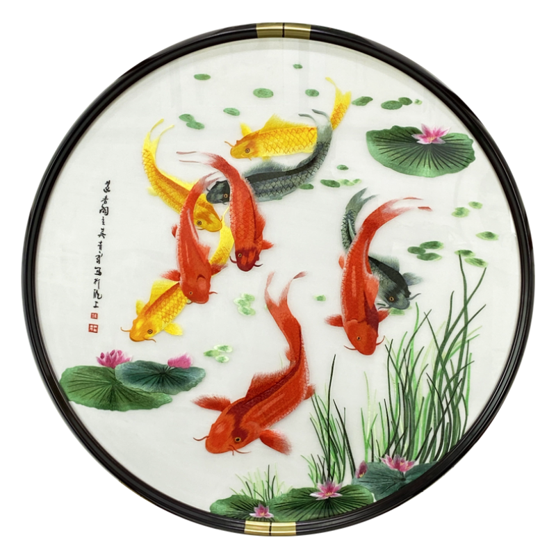 皓涛 九鱼图苏州刺绣圆形装饰画中式玄关吉祥寓意墙壁挂画单幅苏绣