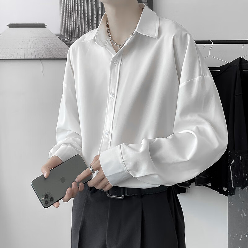 系男装夏季冰丝气质复古垂感白色衬衫男长袖痞帅韩版宽松禁慾欲系男装