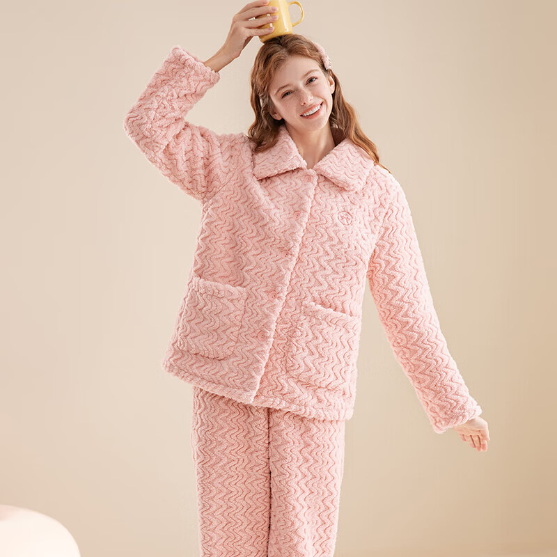 芬腾睡衣女【加厚暖绒】2024秋冬季少女感保暖翻领开衫长袖家居服套装 虾粉 L