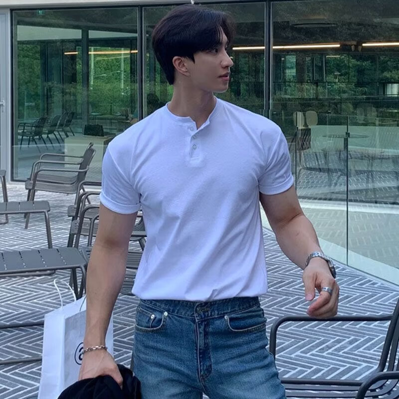 赢镇美式复古阿美咔叽肌肉男短袖亨利衫夏季军绿英伦重磅硬汉半袖t恤