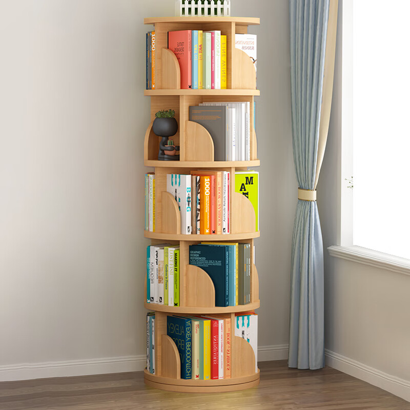 安尔雅旋转书架落地360度书柜绘本架学生置物收纳架子 5层原木色