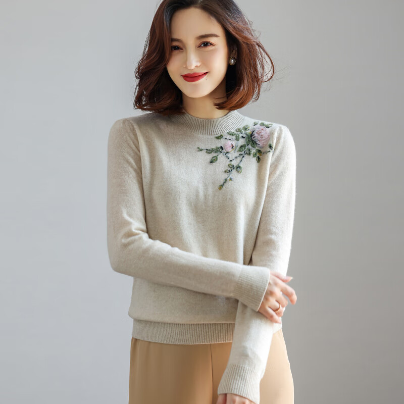 素丝五祁立体羊绒纱线绣花毛衣 半高领气质羊绒衫 保暖针织上衣女 SY3857 本色254 XL