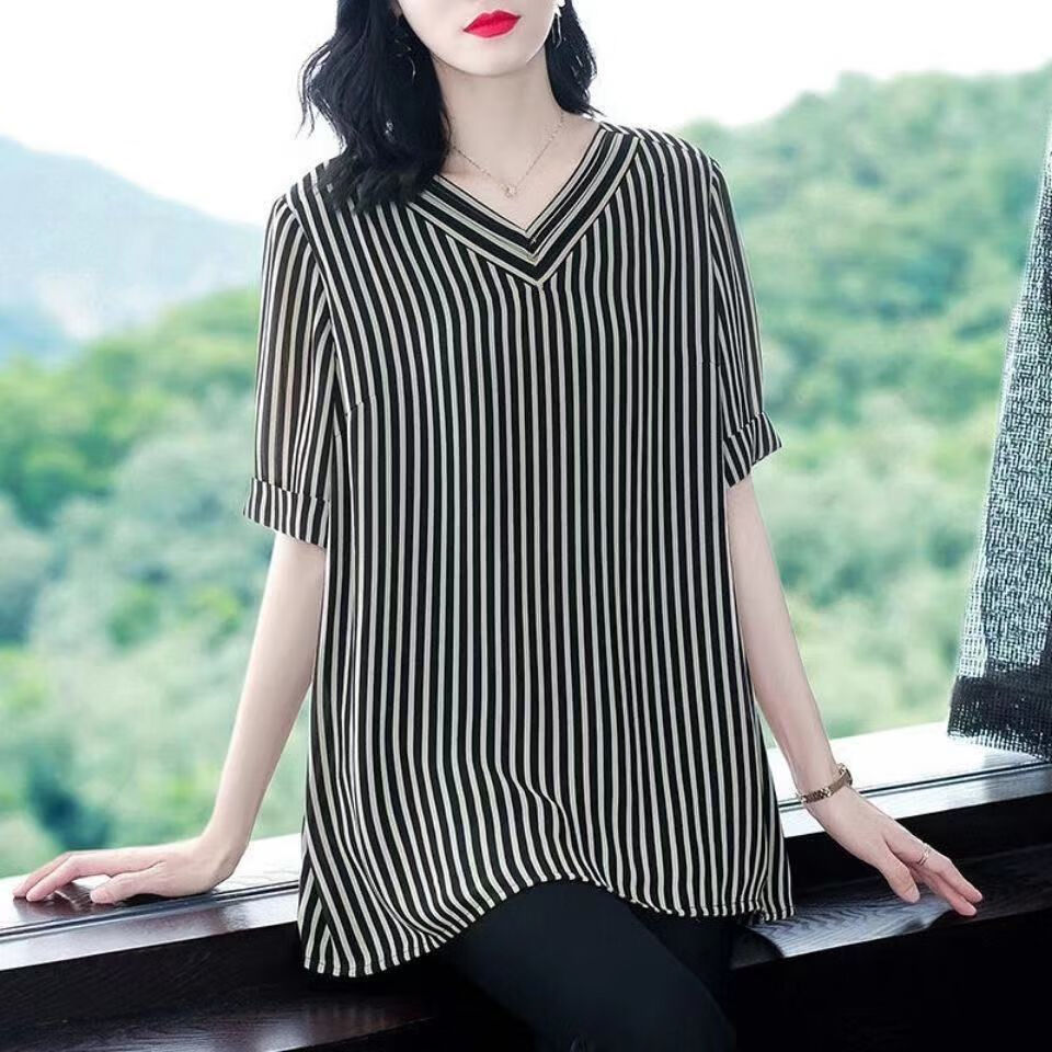 幻领格显年轻少妇25到30岁直40岁条纹t恤女休闲大码女装2023夏季新款