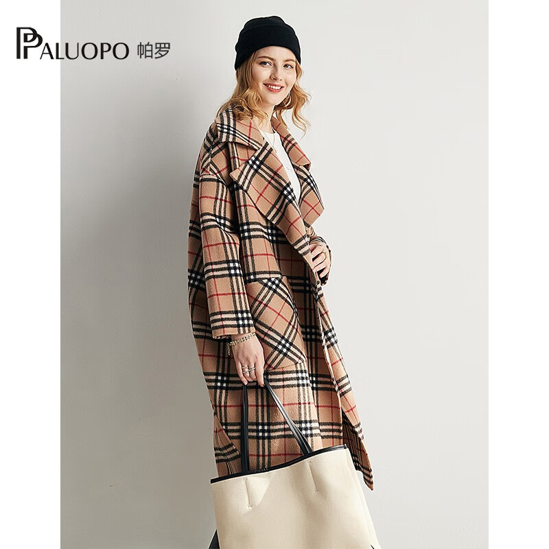 帕罗(PALUOPO)100%绵羊毛呢大衣双面外套格纹显瘦直筒阔版慵懒风女气质秋冬外搭 卡其 L 165/88A