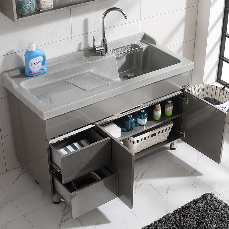 施韵令不锈钢洗衣柜阳台浴室柜组合落地阳台洗水池人造石盆带搓板洗衣