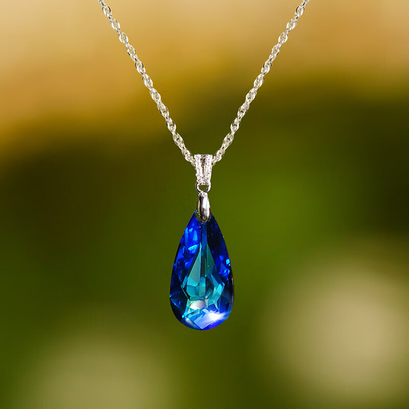 忆奴娇长相守925银饰品 进口奥地利水晶项链女蓝色水滴吊坠日韩气质