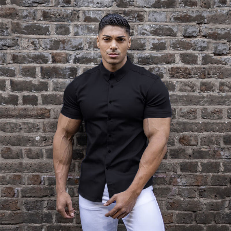 tdnzsel中年商务男士修身免熨衬衫肌肉健身兄弟男士商务衬衫免烫职业