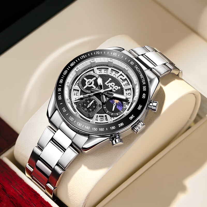 lee手表男多功能三眼计时潮流石英表男士腕表钢带银色m470abds-sssy