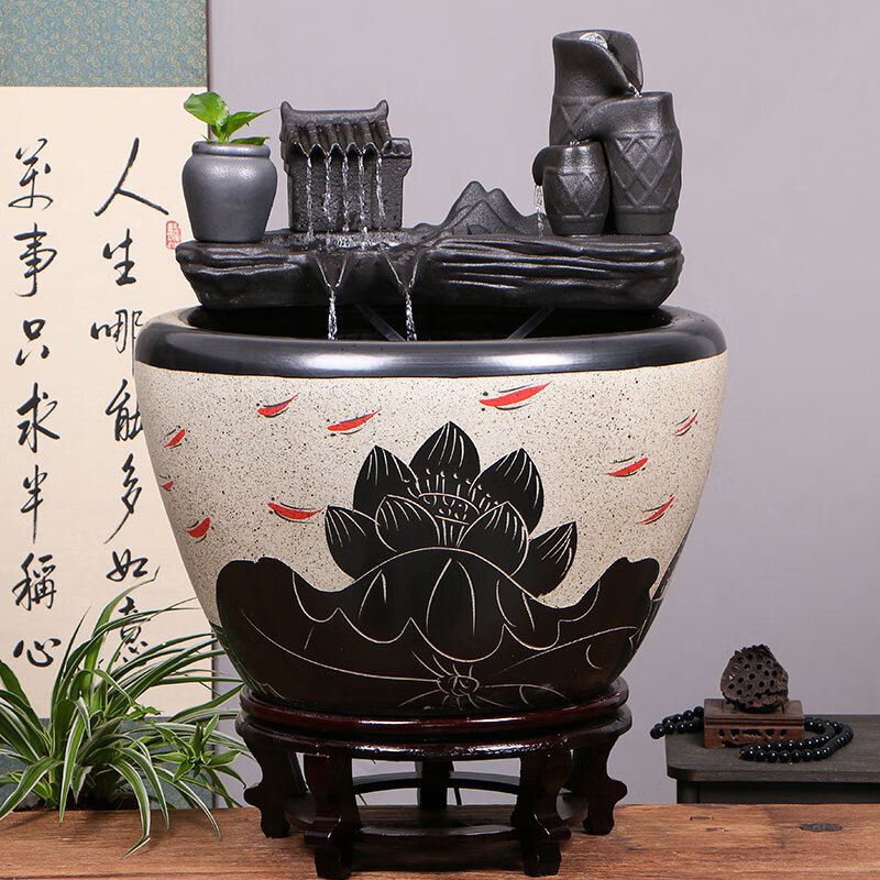 家用循环流水摆件庭院大鱼缸 鱼戏莲叶小号直径42cm 风生水起 雾化器